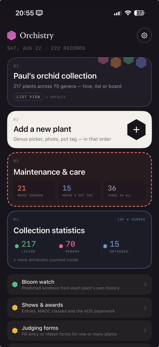 Orchistry home control panel with 222 records